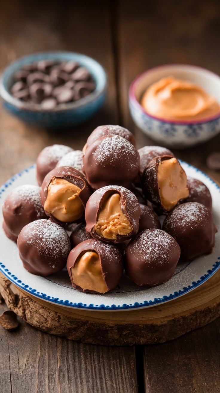 Classic homemade Buckeye candies, chocolate-covered peanut butter balls dusted with powdered sugar, on a rustic wooden table.